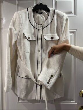 Karl Lagerfeld White Tweed Jacket with Black Piping